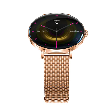 Smartwatch damski Forever SB-370 Lucca Bluetooth 5.3 AMOLED IP68 – Inteligentny zegarek z rozmowami Bluetooth, funkcjami zdrowia i 2 paskami Różowe Złoto - Łaciaty Pasek