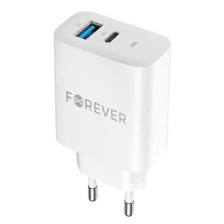 Forever ładowarka sieciowa PD QC TC-07-30AC 1x USB-C 1x USB 30W biała + kabel USB-C - USB-C 60W