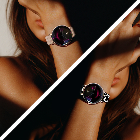 Smartwatch damski Forever SB-370 Lucca Bluetooth 5.3 AMOLED IP68 – Inteligentny zegarek z rozmowami Bluetooth, funkcjami zdrowia i 2 paskami Różowe Złoto - Łaciaty Pasek