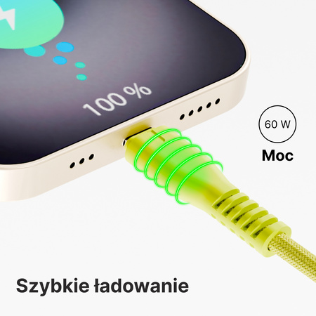 QUALO kabel nylonowy USB-C - USB-C 1,5m 3A 60W żółty QKN-CC-05