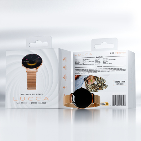 Smartwatch damski Forever SB-370 Lucca Bluetooth 5.3 AMOLED IP68 – Inteligentny zegarek z rozmowami Bluetooth, funkcjami zdrowia i 2 paskami Różowe Złoto - Łaciaty Pasek