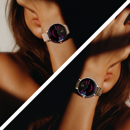 Smartwatch damski Forever SB-370 Lucca Bluetooth 5.3 AMOLED IP68 – Inteligentny zegarek z rozmowami Bluetooth, funkcjami zdrowia i 2 paskami Różowe złoto - Pasek w panterkę