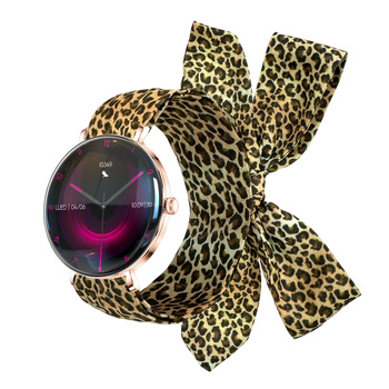 Smartwatch damski Forever SB-370 Lucca Bluetooth 5.3 AMOLED IP68 – Inteligentny zegarek z rozmowami Bluetooth, funkcjami zdrowia i 2 paskami Różowe złoto - Pasek w panterkę