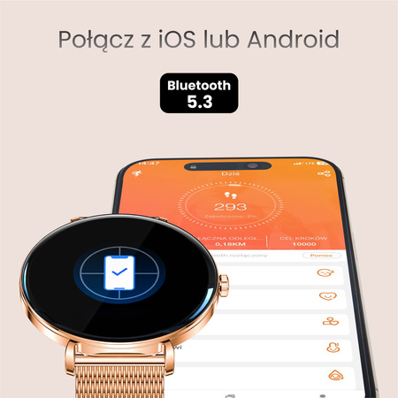 Smartwatch damski Forever SB-370 Lucca Bluetooth 5.3 AMOLED IP68 – Inteligentny zegarek z rozmowami Bluetooth, funkcjami zdrowia i 2 paskami Różowe złoto - Pasek w panterkę
