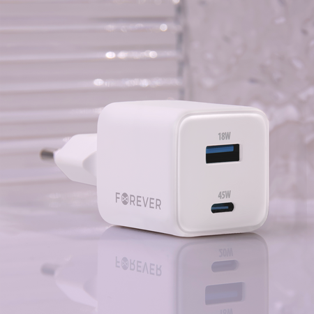 Forever ładowarka sieciowa GaN PD QC TC-08-45AC 1x USB-C 1x USB 45W biała