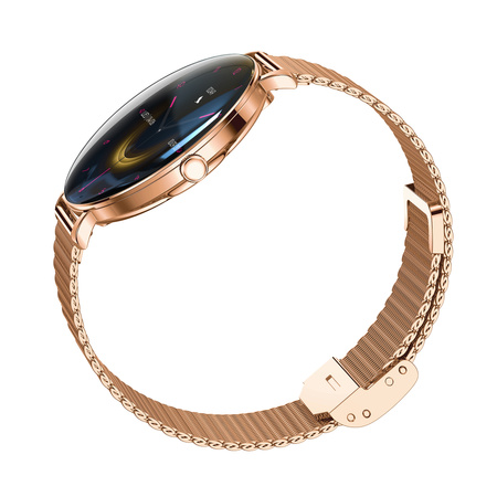 Smartwatch damski Forever SB-370 Lucca Bluetooth 5.3 AMOLED IP68 – Inteligentny zegarek z rozmowami Bluetooth, funkcjami zdrowia i 2 paskami Różowe Złoto - Łaciaty Pasek