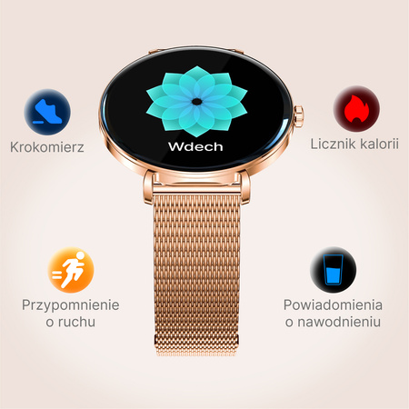 Smartwatch damski Forever SB-370 Lucca Bluetooth 5.3 AMOLED IP68 – Inteligentny zegarek z rozmowami Bluetooth, funkcjami zdrowia i 2 paskami Różowe Złoto - Łaciaty Pasek