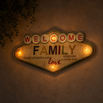 Forever Light Znak Metalowy RETRO LED Welcome Family