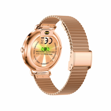 Smartwatch damski Forever SB-370 Lucca Bluetooth 5.3 AMOLED IP68 – Inteligentny zegarek z rozmowami Bluetooth, funkcjami zdrowia i 2 paskami Różowe złoto - Pasek w panterkę