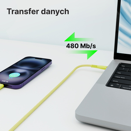 QUALO kabel nylonowy USB-C - Lightning 1,5m 2,4A zółty QKN-CL-05