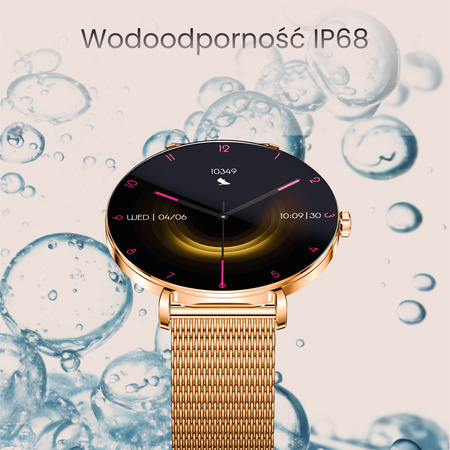 Smartwatch damski Forever SB-370 Lucca Bluetooth 5.3 AMOLED IP68 – Inteligentny zegarek z rozmowami Bluetooth, funkcjami zdrowia i 2 paskami Różowe złoto - Pasek w panterkę