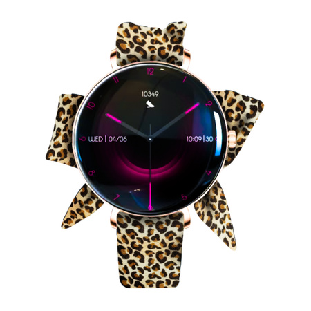 Smartwatch damski Forever SB-370 Lucca Bluetooth 5.3 AMOLED IP68 – Inteligentny zegarek z rozmowami Bluetooth, funkcjami zdrowia i 2 paskami Różowe złoto - Pasek w panterkę