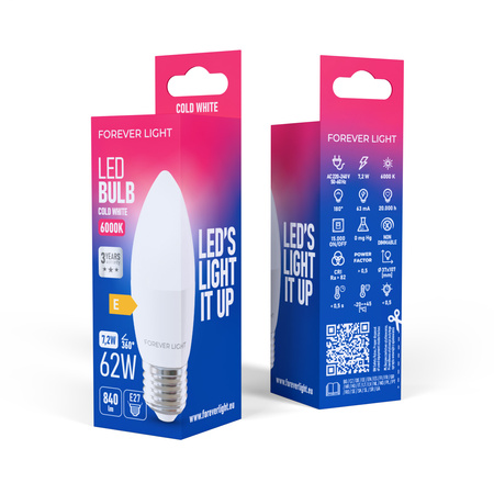 Forever Light Żarówka LED E27 C37 7.2W 840lm 6000K klasa E
