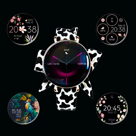Smartwatch damski Forever SB-370 Lucca Bluetooth 5.3 AMOLED IP68 – Inteligentny zegarek z rozmowami Bluetooth, funkcjami zdrowia i 2 paskami Różowe Złoto - Łaciaty Pasek
