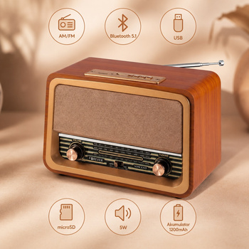 Radio Retro Forever Electro VINCENT JB-120 AM/FM Bluetooth 5.1 USB microSD 5W Akumulator 1200mAh Brązowe