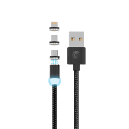Câble 3en1 CORE magnétique USB – Lightning + USB-C + microUSB 1.0 m 2.5A noir